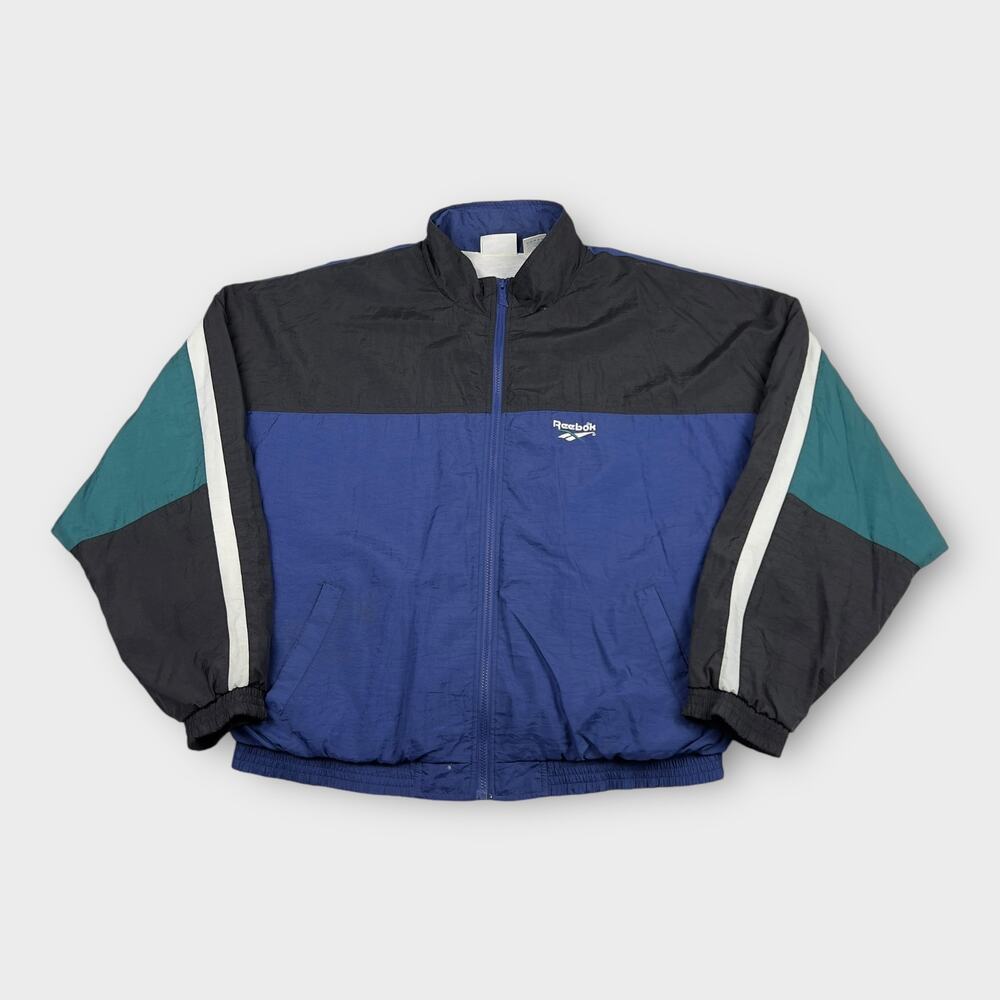 VTG Reebok Size XL Blue Teal Gray Colorblock Windbreaker Track Jacket 90s Street